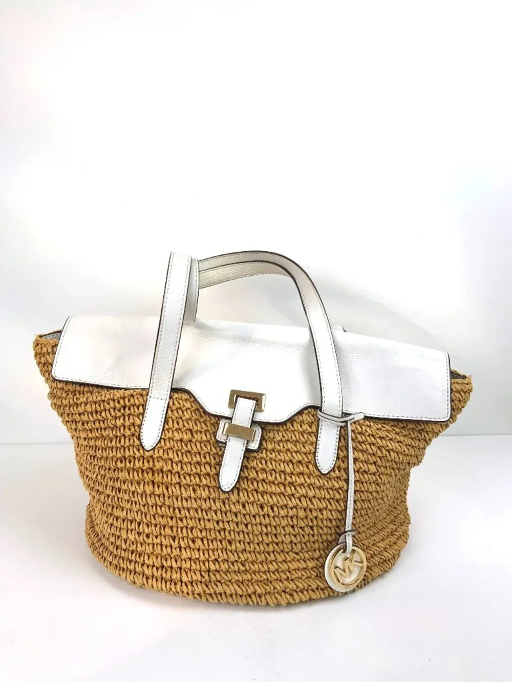 Michael Kors Naomi Straw Raffia Tote Bag White Leather Trim Vacation Summer